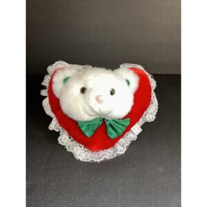 Vintage Plush Christmas Bear White with Green Bow on Stuffed Heart w/ Lace 9"